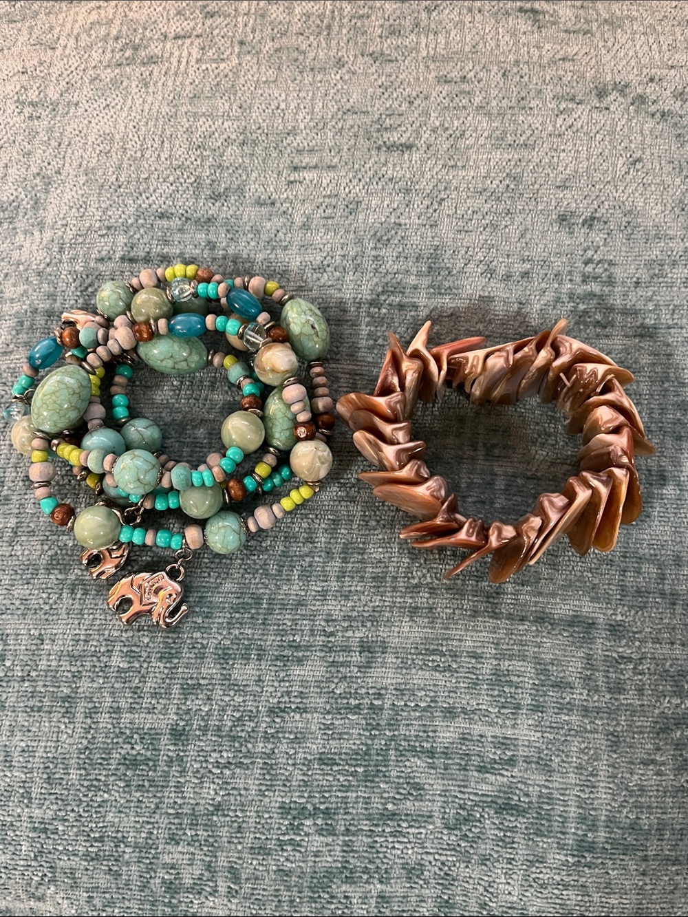 Turquoise Color Beaded Wrap Bracelet Set + Vintage Abalone Shell Bracelet
